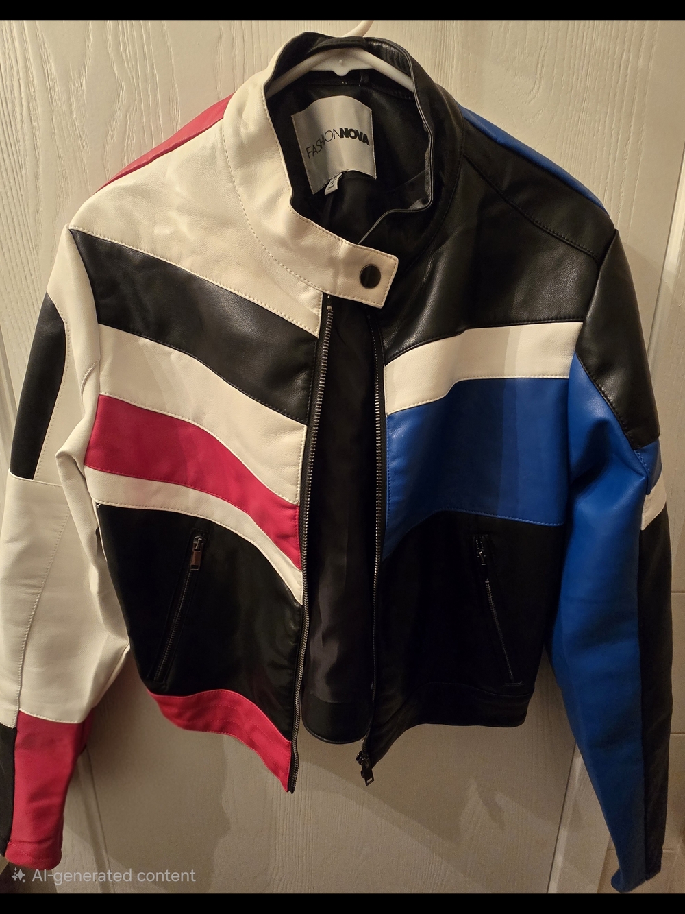 Fashion Nova Black, White, Blue & Red Colorblock Faux Leather Jacket